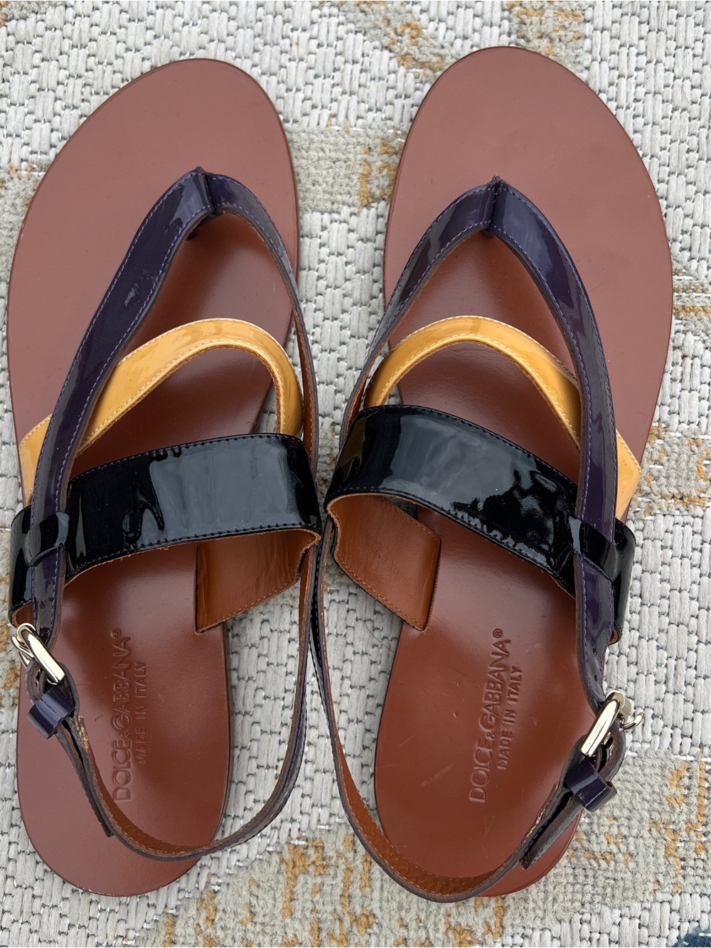 Dolce & Gabbana Purple Black Tan Patent Leather Thong Sandals with Buckle - Picture 3 of 8